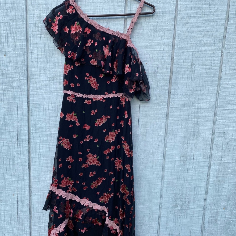 Alice‎ & Olivia Floral One Shoulder Ruffle Dress Pink Lace Trim Black Maxi sz 2